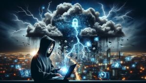 Photo-realistic image of a cloud with the Snowflake logo engulfed by dark storm clouds and lightning bolts, symbolizing a cybersecurity breach. A hacker in a hoodie types on a glowing laptop in the foreground, with a futuristic cityscape and flickering skyscraper lights in the background, surrounded by broken chains and padlocks.