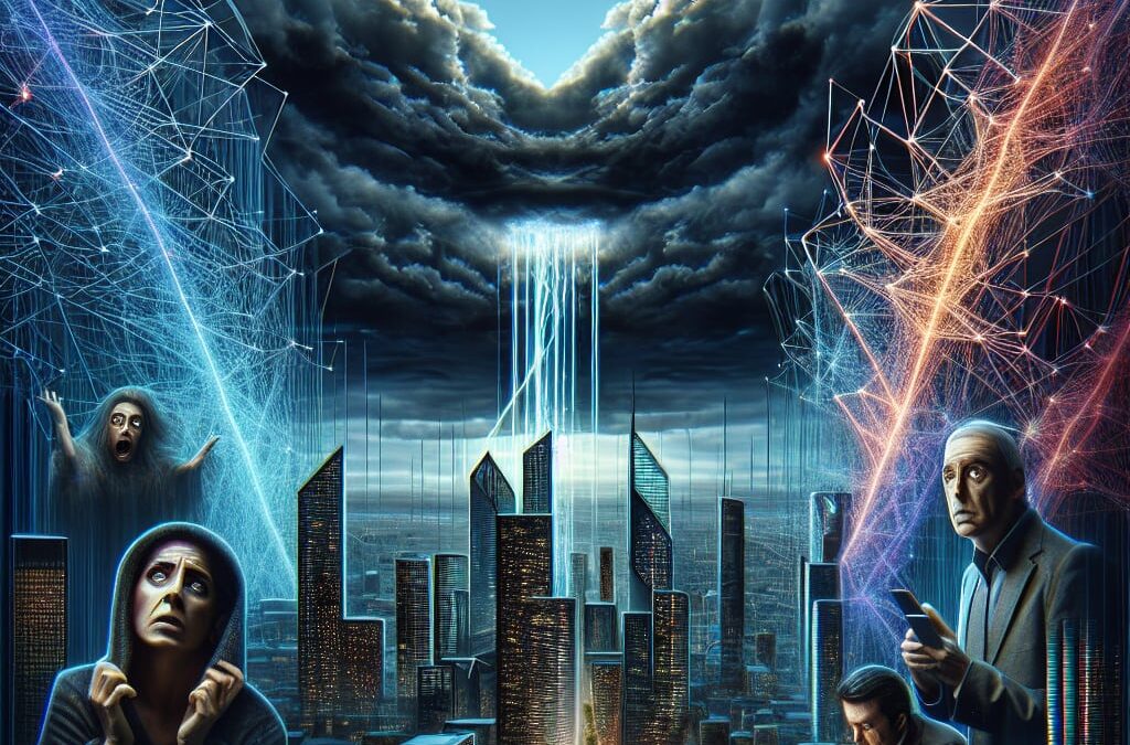 A futuristic city plunged into darkness, with glowing network lines broken and fragmented. People are shown confused and isolated, trying and failing to use their digital devices. The sky is dark with storm clouds, symbolizing chaos and uncertainty. The image is styled with elements of digital realism and cyberpunk, featuring neon colors highlighting the broken network lines.