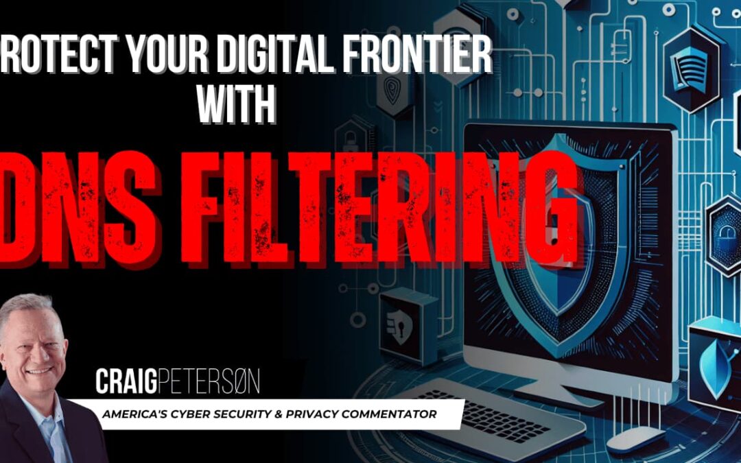 Illustration of digital security featuring a computer screen with icons of shields and locks, surrounded by a network with safe and blocked routes, in a blue and white color scheme.