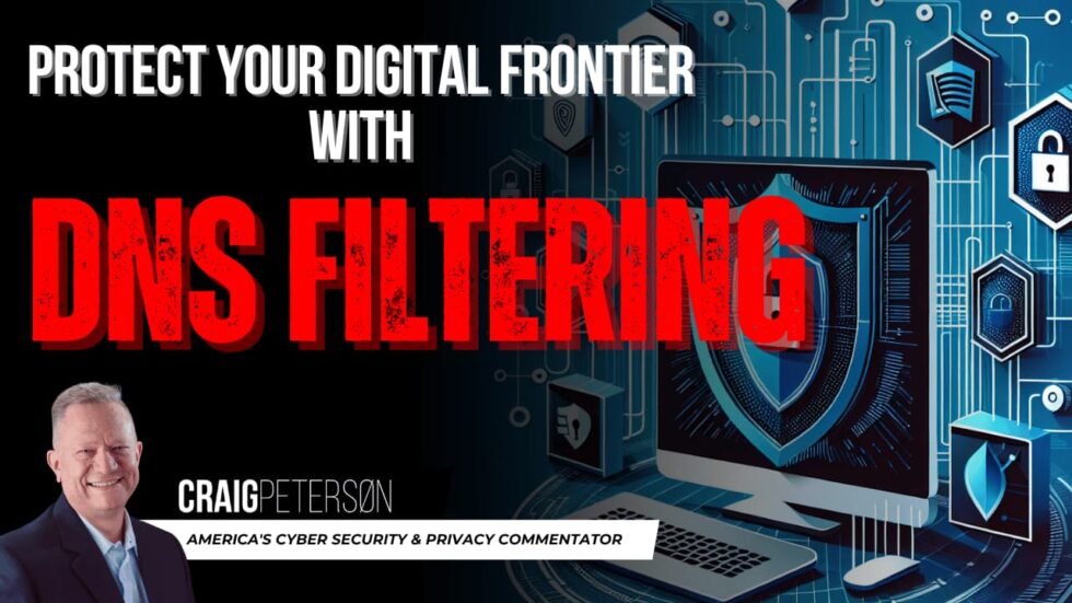 Illustration of digital security featuring a computer screen with icons of shields and locks, surrounded by a network with safe and blocked routes, in a blue and white color scheme.