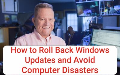 Craig is in a salmon-colored shirt and is smiling at the camera in a tech-filled room with monitors and a microphone. A large text overlay in red reads, "How to Roll Back Windows Updates and Avoid Computer Disasters."