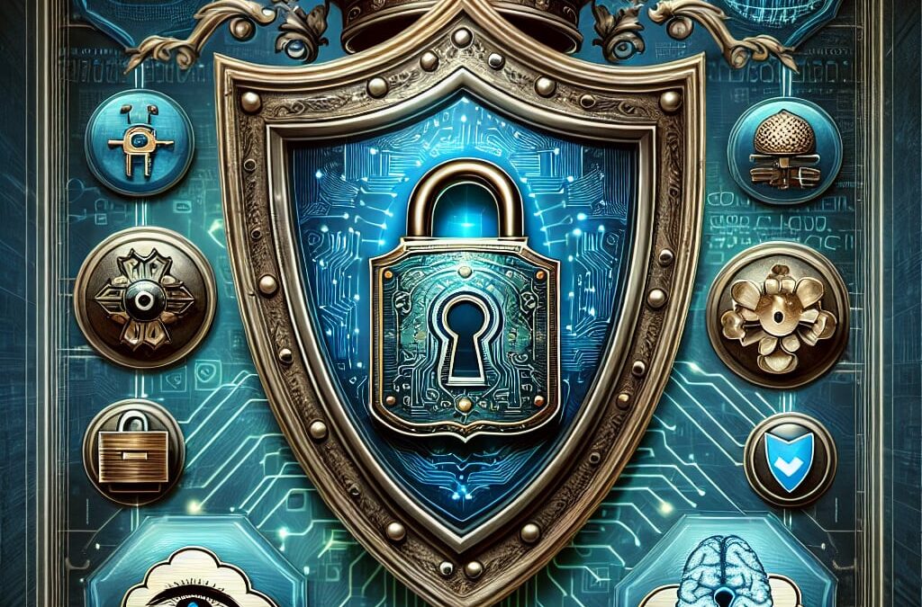 Illustration showing a traditional shield with Norton and McAfee logos, contrasted with modern security icons like AI, cloud security, and behavioral detection, set against a futuristic digital landscape with holographic elements.