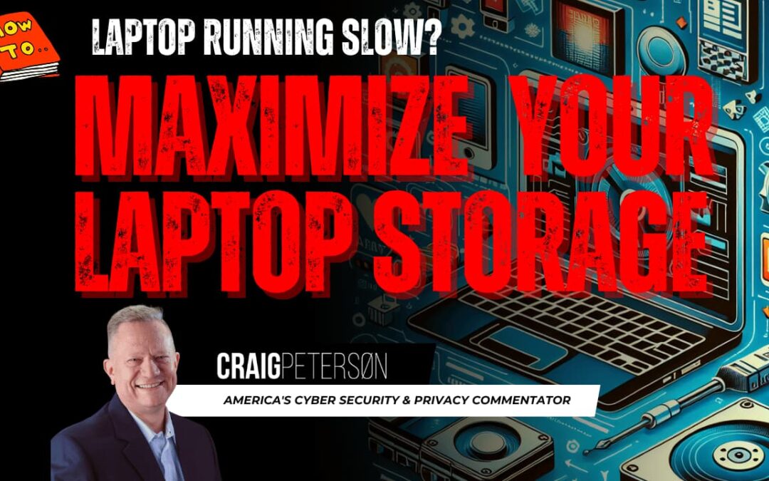 An informative and visually engaging image for a tech blog post, showcasing a laptop with a cluttered hard drive filled with application icons. The background features tools representing disk cleanup, an external hard drive, and cloud storage symbols, all designed in a modern and colorful digital style to illustrate the theme of maximizing laptop storage.