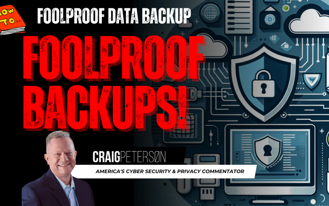 Illustration of a computer with a shield symbolizing cybersecurity protection, surrounded by icons of a cloud, external hard drive, and USB stick, representing various data backup methods. The color scheme features shades of blue and green, conveying themes of technology and security.