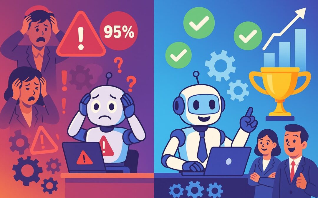 Split illustration of AI in business: robot failing with errors on left, succeeding with happy team and growth charts on right