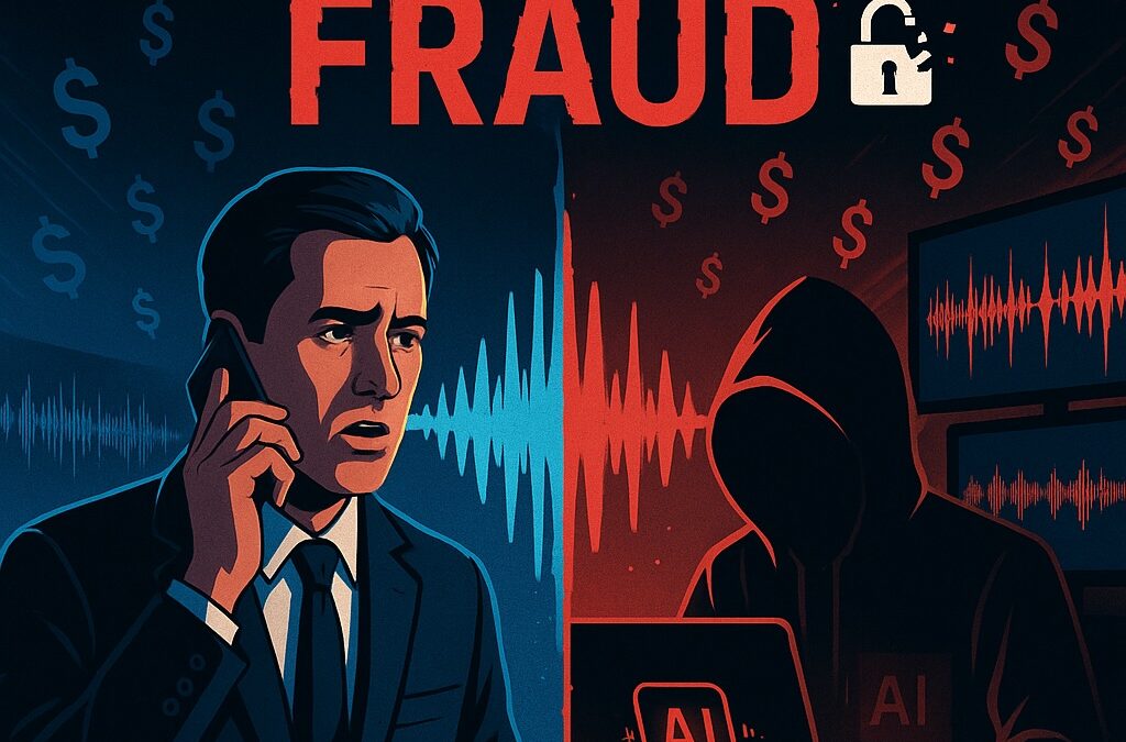 Alt text: Illustration showing voice cloning fraud in action - a business person speaking on phone on left side while a hooded cybercriminal on right side uses computer screens displaying sound waveforms to steal and replicate their voice, with dollar signs flowing from victim to hacker and the text VOICE CLONING FRAUD prominently displayed