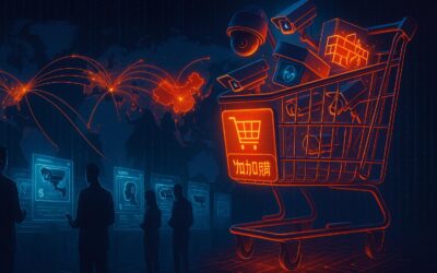 Massive shopping cart in a dark blue-purple cyberpunk setting, filled with glowing surveillance gear and a red “Add to Cart” button in Chinese; world map behind shows neon lines spreading from China while binary code falls and businesspeople examine holographic product displays.