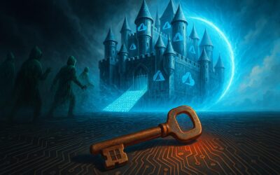 A glowing blue glass-and-chrome castle with Azure cloud logos floats in cyberspace, protected by a bright shield, while hooded hacker silhouettes made of green code are pushed back. In the foreground, a rusty red-glowing Microsoft skeleton key lies on a circuit-board ground under stormy skies turning into bright blue.