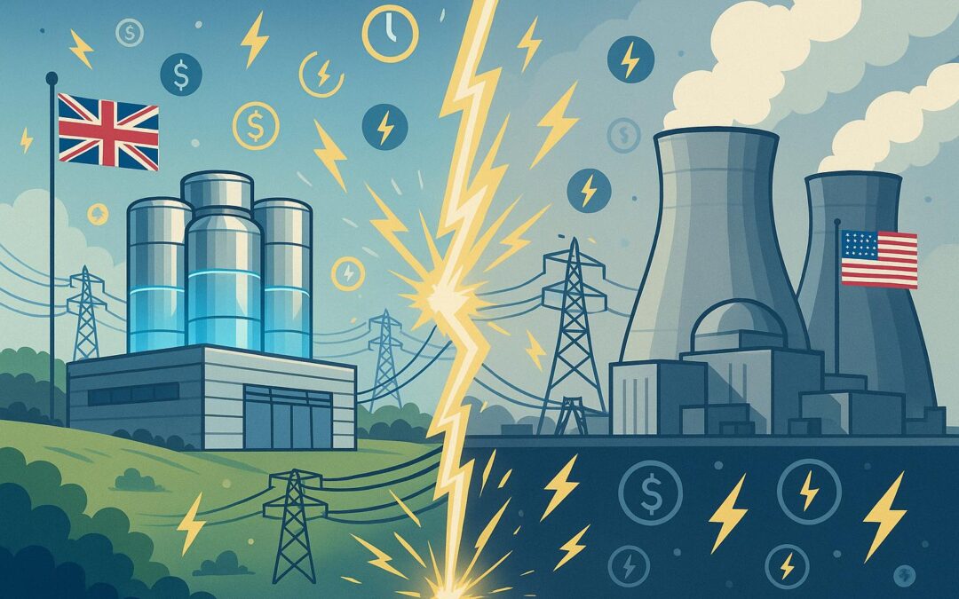 Split-screen illustration comparing a British small modular reactor facility on green hills with sleek glowing silver cylinders to a large gray American nuclear power plant with cooling towers releasing steam, divided by a bright yellow lightning bolt and connected by power lines with sparks, surrounded by icons of dollar signs, clocks, and electricity bolts symbolizing cost, time, and power.