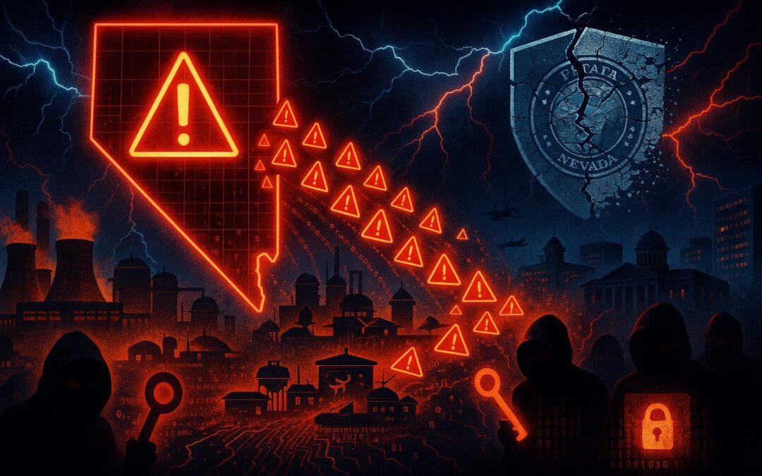 Wide digital illustration of a glowing red outline of Nevada with a warning triangle in the center, sending a cascading line of red alert symbols across silhouetted power plants, water tanks, and government buildings, while hooded hackers holding glowing keys stand in the foreground and a cracked Nevada state shield crumbles under blue and red lightning in a stormy digital sky.