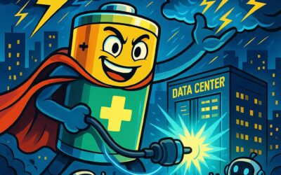 Cartoon superhero battery uses a giant power cable to energize a data center while smiling robots cheer under stormy, lightning-filled skies.