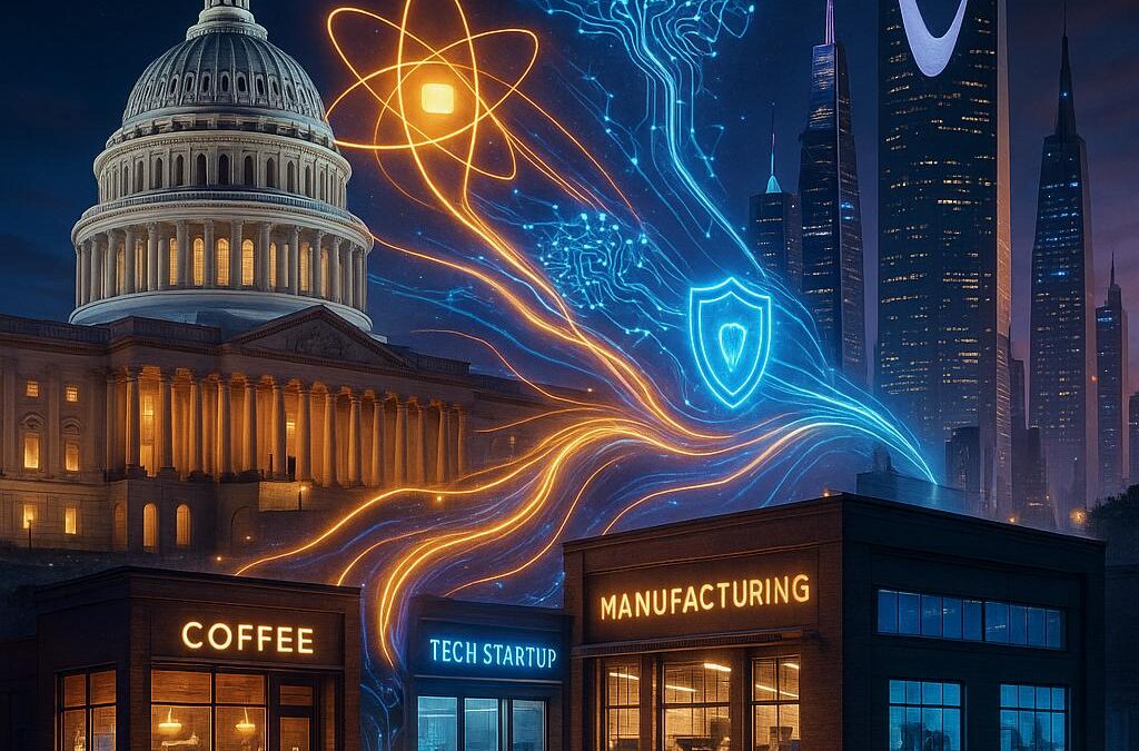 Photorealistic sci-fi scene showing the U.S. Capitol and Riyadh’s Kingdom Tower linked by glowing atomic orbits, AI neural patterns, and shield icons that flow over small businesses—coffee shop, tech startup, and manufacturing—illuminated in electric blue, purple, and golden light against a twilight sky.
